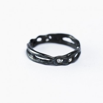 Black silver ring of asymmetrical shape - with synthetic diamond
